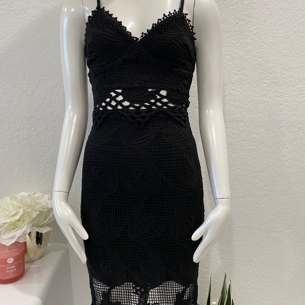 Aqua Black Scalloped Lace Dress – XS, Elegant Bloomingdale’s Fitted Silhouette